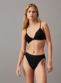 Calvin Klein MODERN LACE Womens Triangle Bra Black front view on model, showcasing the delicate lace and triangle design.