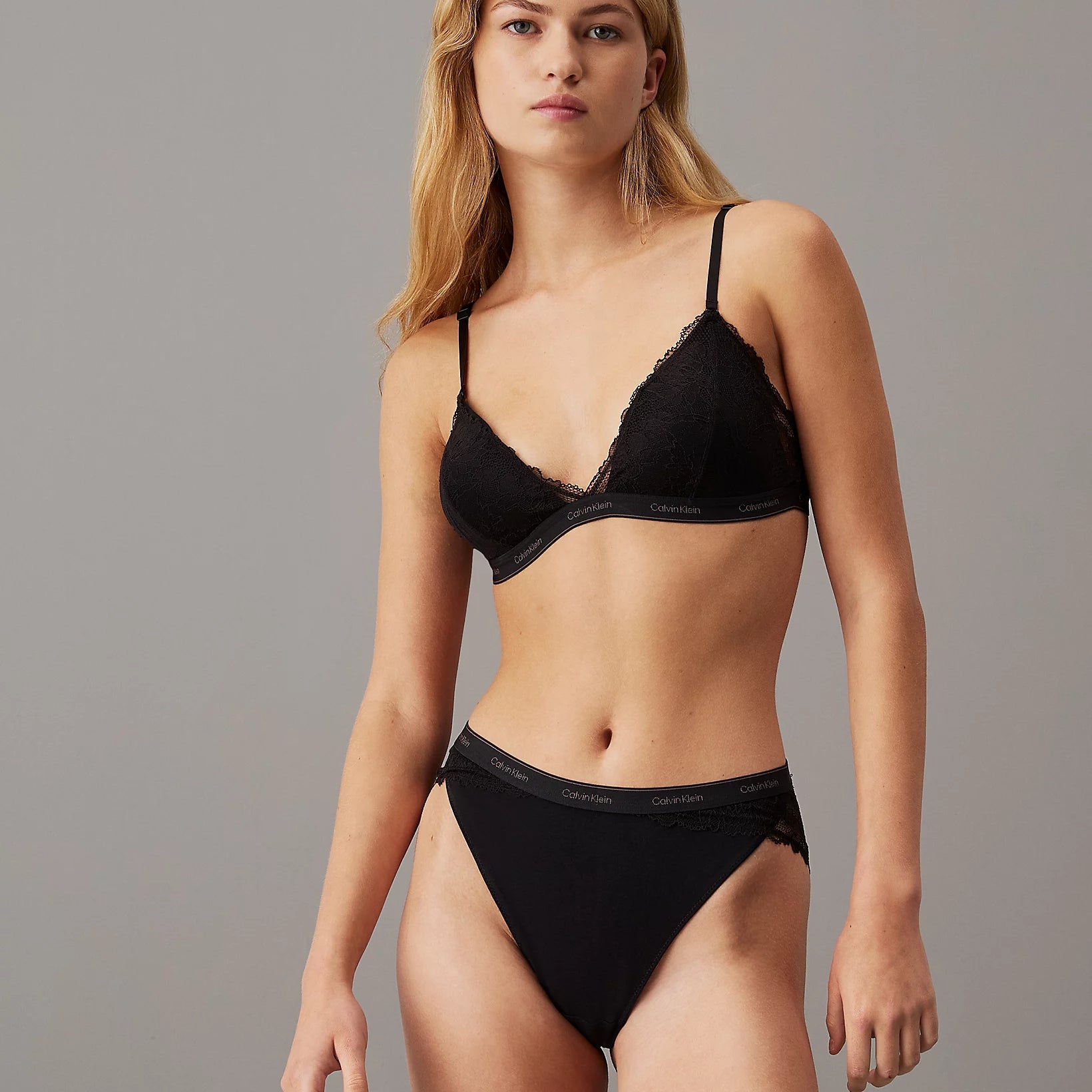 Calvin Klein MODERN LACE Womens Triangle Bra Black front view on model, showcasing the delicate lace and triangle design.