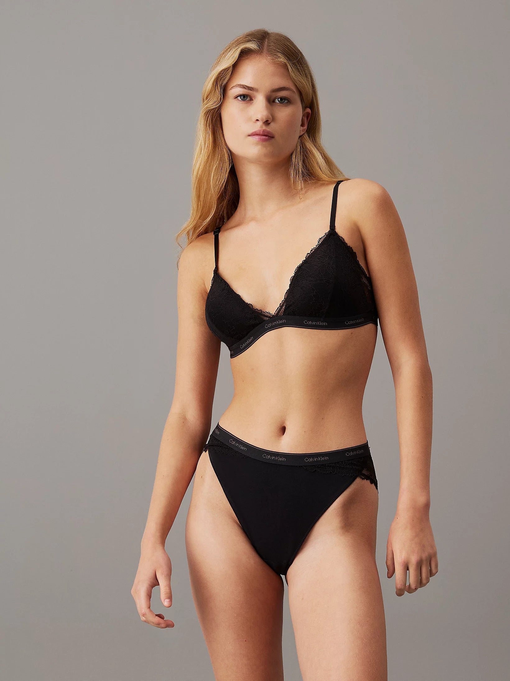 Calvin Klein MODERN LACE Womens Triangle Bra Black front view on model, showcasing the delicate lace and triangle design.