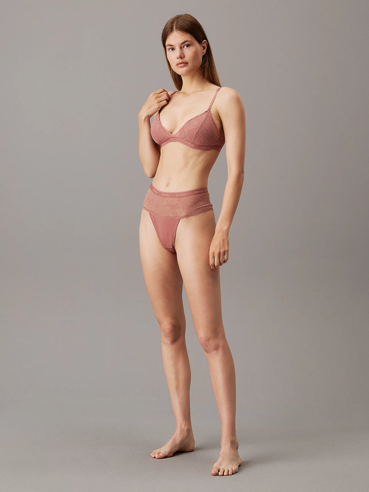 Calvin Klein MODERN LACE Womens Triangle Bra Red Grape front view on model showcasing style and fit.