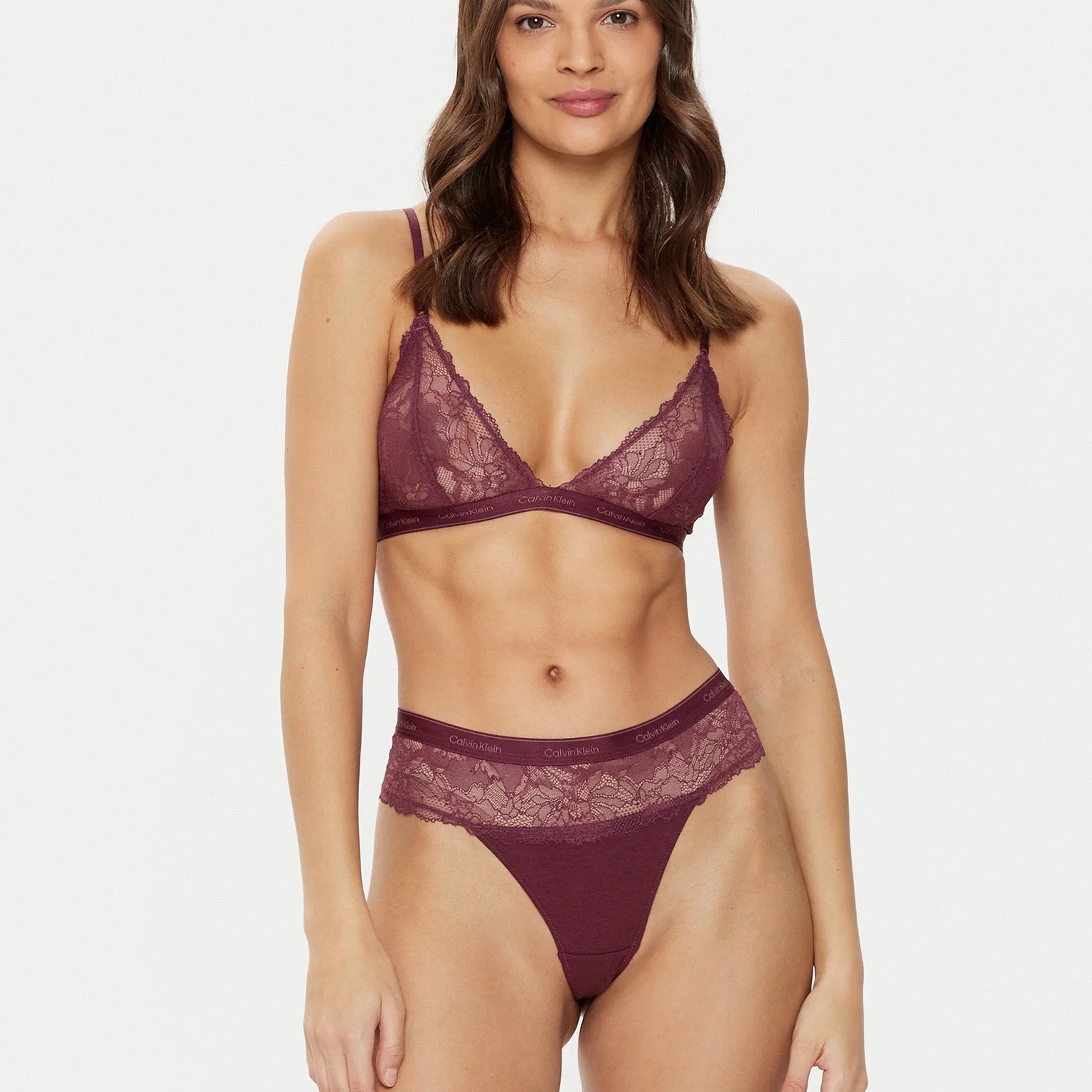 Calvin Klein MODERN LACE Womens Bra & Thong Gift Set Mauve Wine front view on model showcasing floral lace and soft triangle cups.
