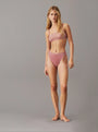 Calvin Klein MODERN LACE Womens Unlined Bralette Red Grape front view on model with matching bottom in soft hue.
