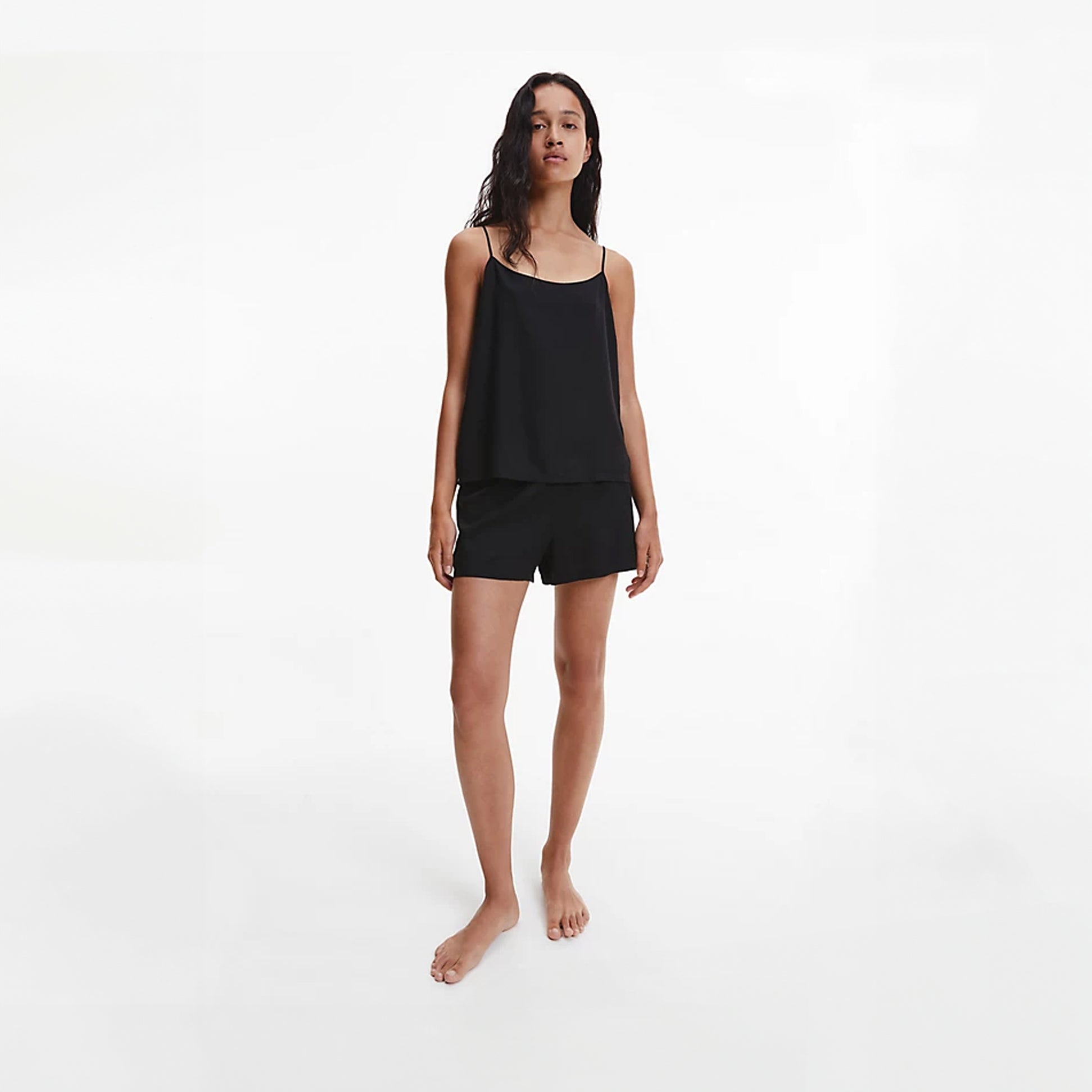 Calvin Klein WOVEN VISCOSE Sleep Short Womens Black front view, model wearing sleep shorts with elasticated waistband.