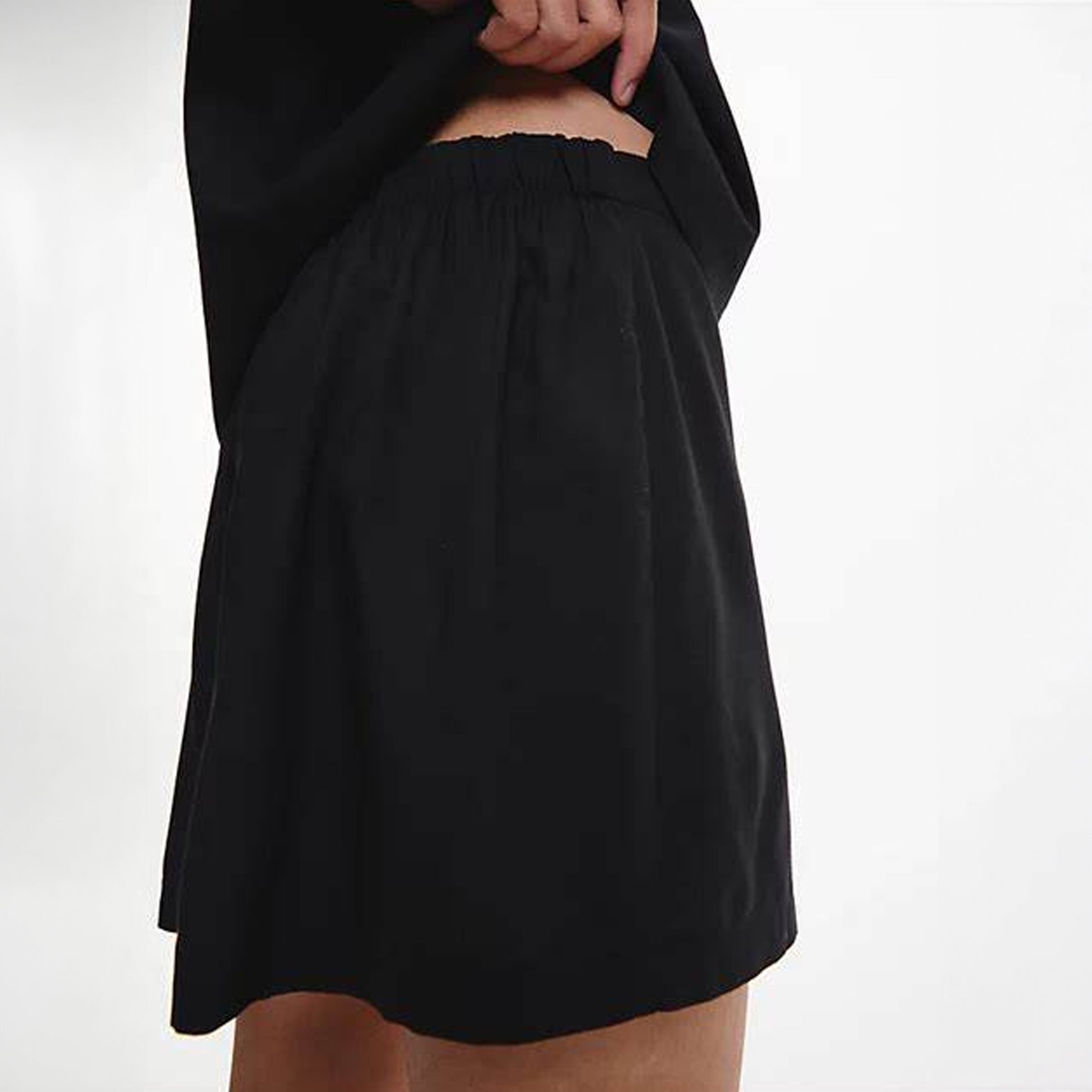 Calvin Klein WOVEN VISCOSE Sleep Short Womens Black side view showing elasticated waistband and flowy design.