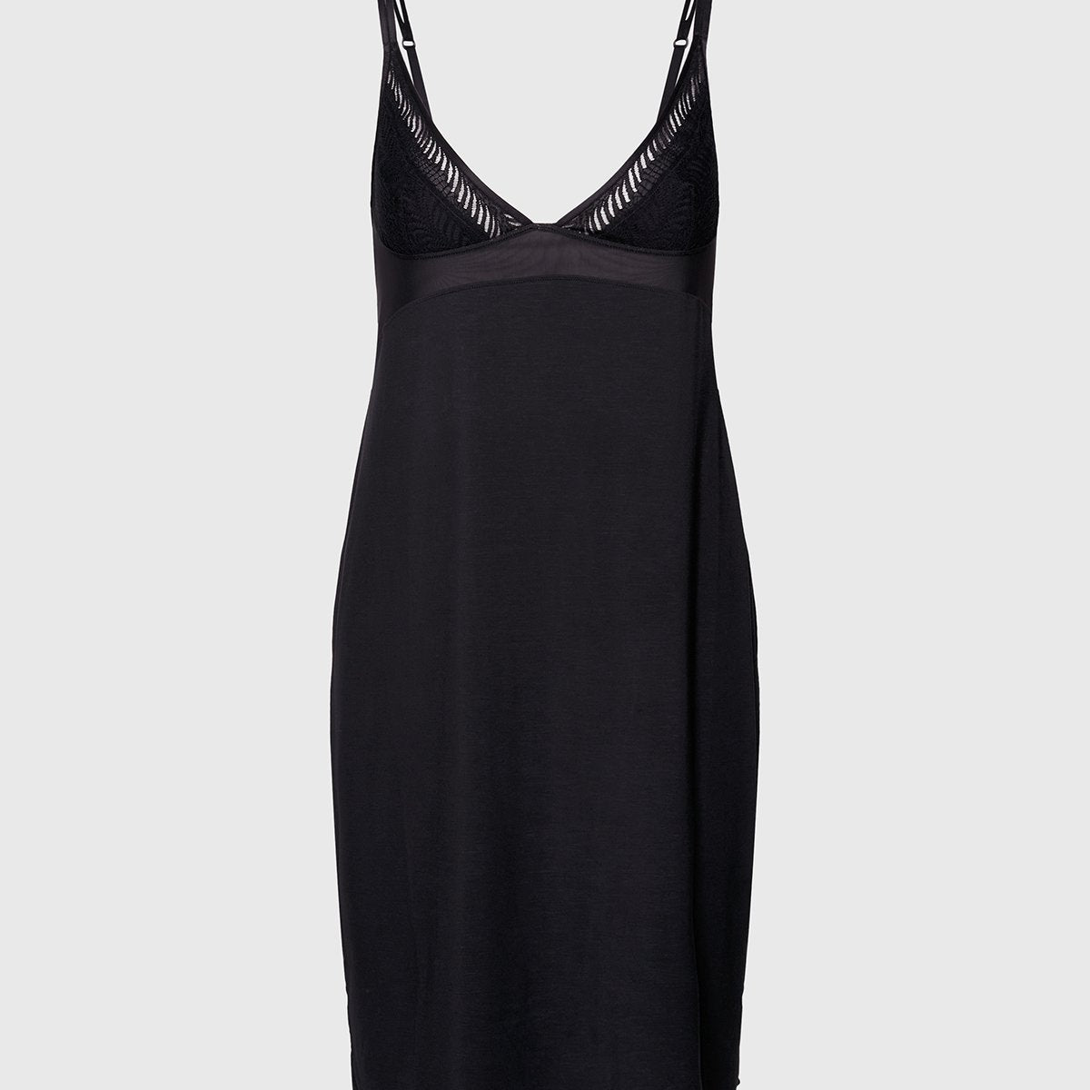 Calvin Klein SCULPT LACE LOUNGE Full Slip Nightdress Womens Black, front view showcasing the elegant lace detail and spaghetti straps.