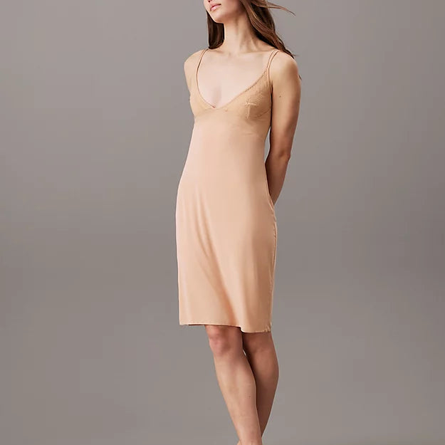 Calvin Klein SCULPT LACE LOUNGE Full Slip Nightdress Womens Subtle Bloom side view model wearing nightdress