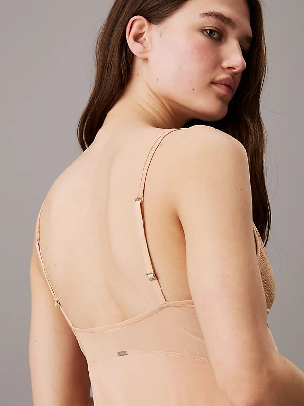 Calvin Klein SCULPT LACE LOUNGE Full Slip Nightdress Womens Subtle Bloom back view showing spaghetti straps and soft fabric.