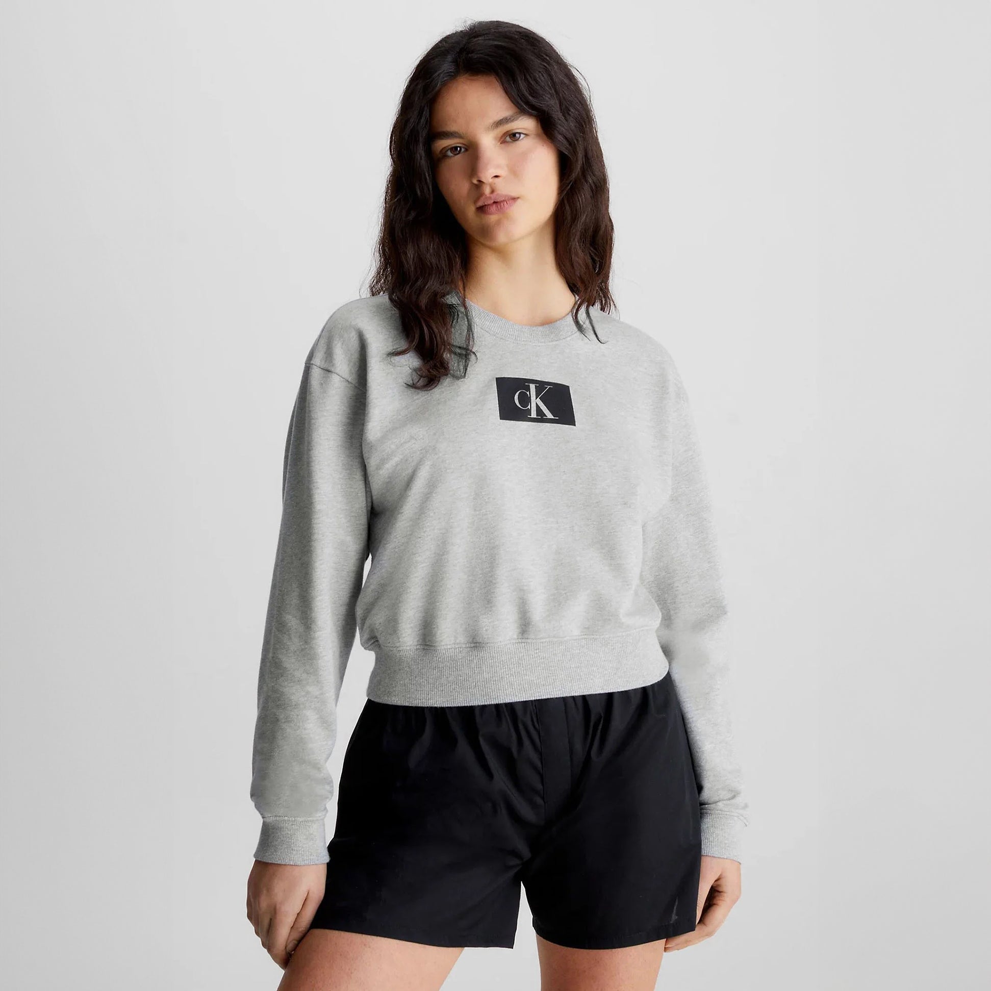 Calvin Klein 1996 LOUNGE Sweatshirt Womens Grey Heather front view featuring CK monogram logo.