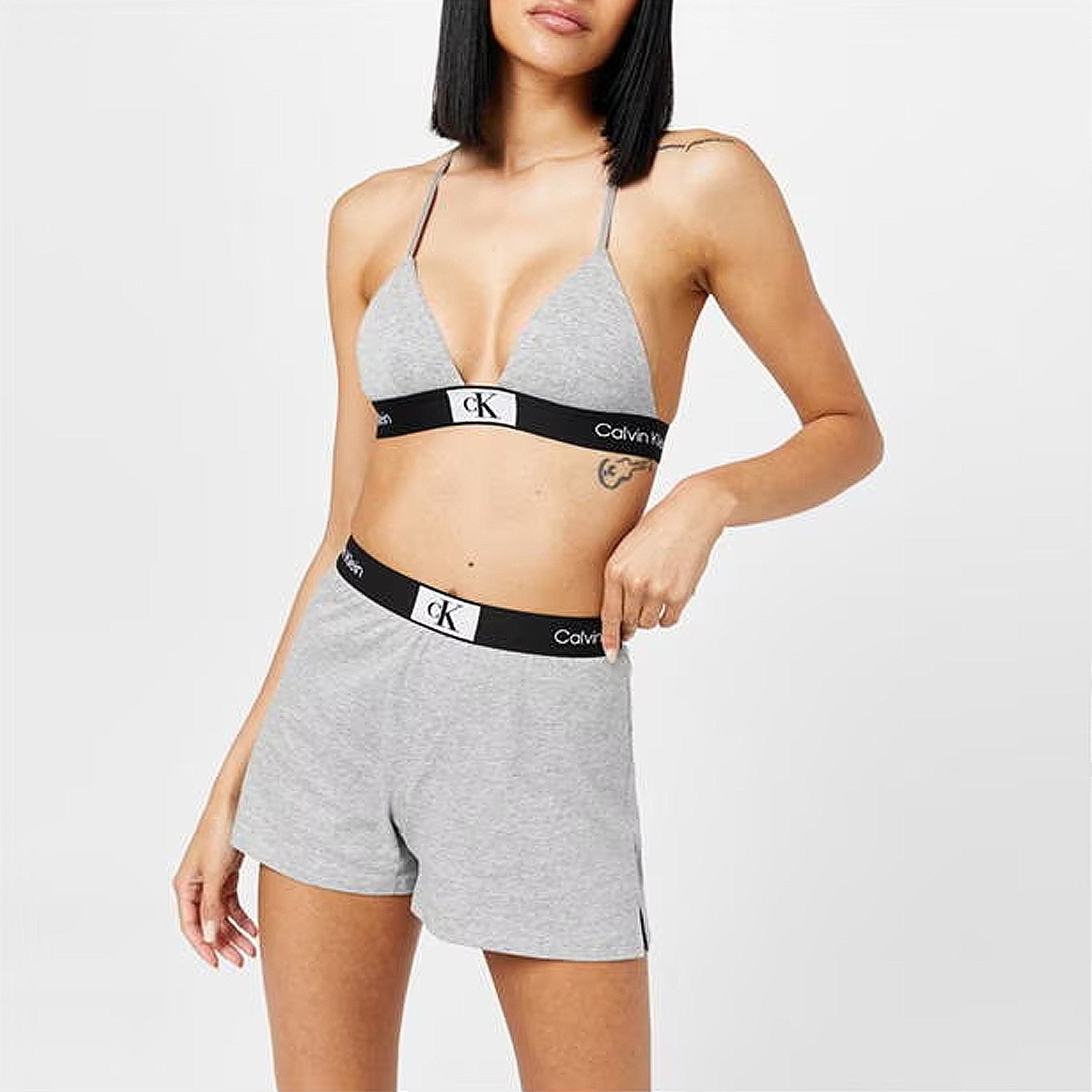 Calvin Klein 1996 LOUNGE Pyjama Shorts Womens Grey Heather front view model wearing cotton shorts and matching bra.