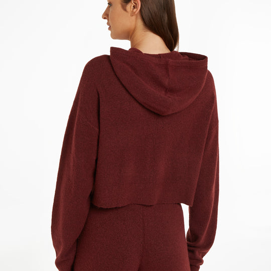 Calvin Klein Womens Hooded Sweater Tawny Port Red back view showcasing the cropped design and hood detail.