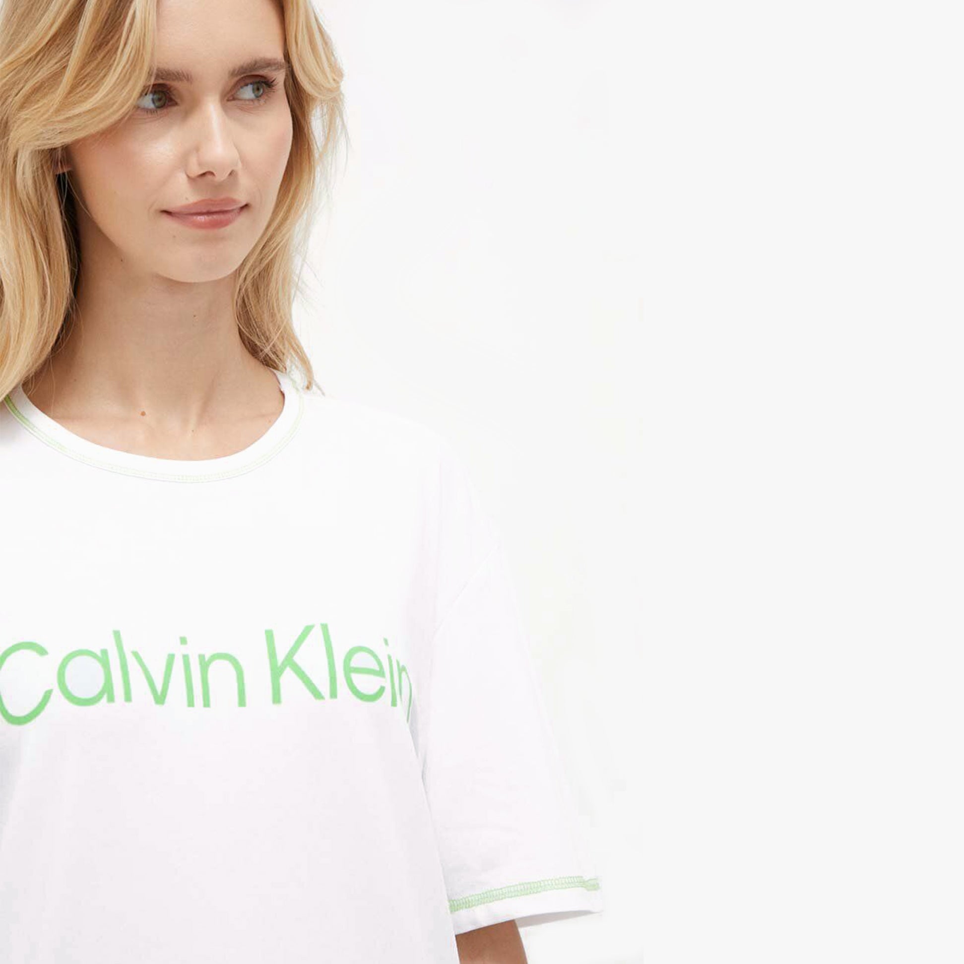 Calvin Klein Womens Loungewear Set T-Shirt and Shorts front view showcasing the soft cotton T-shirt with green logo detail.