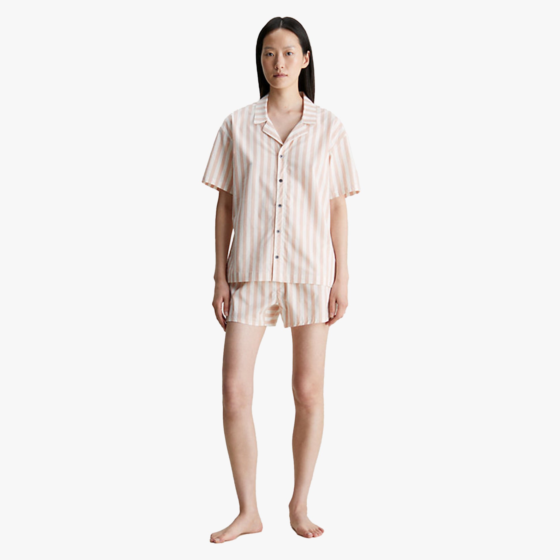 Calvin Klein S/S SHORT SET FRN Womens Pyjamas Chambray Stripe/Ash Rose front view showcasing short sleeve and shorts design.