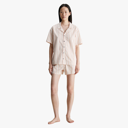 Calvin Klein S/S SHORT SET FRN Womens Pyjamas Chambray Stripe/Ash Rose front view showcasing short sleeve and shorts design.