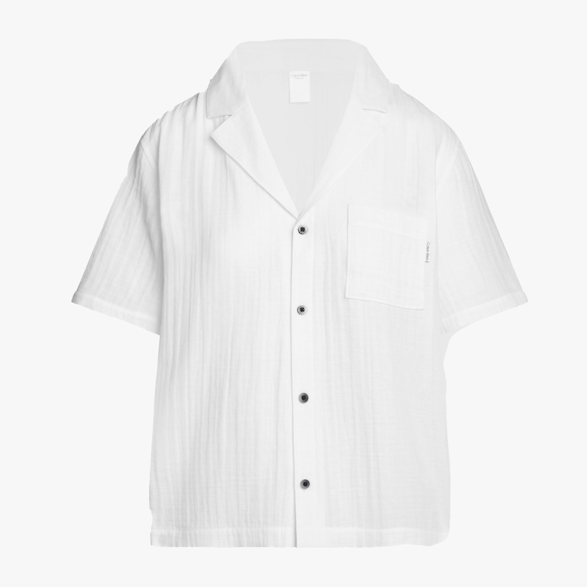 Calvin Klein PURE TEXTURED Pyjama Shirt Womens White front view showcasing classic collar and short sleeves.