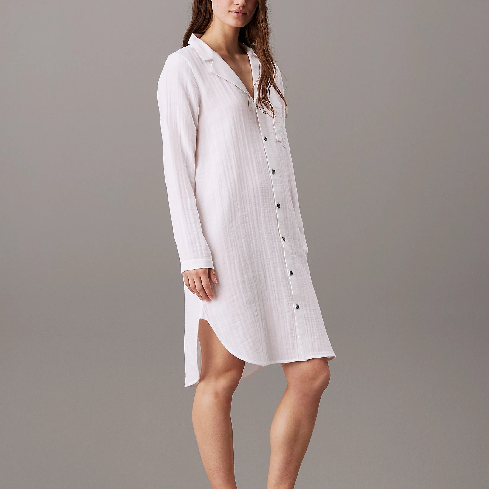Calvin Klein PURE TEXTURED Womens Night Dress White side view showcasing long sleeves and button fastening.