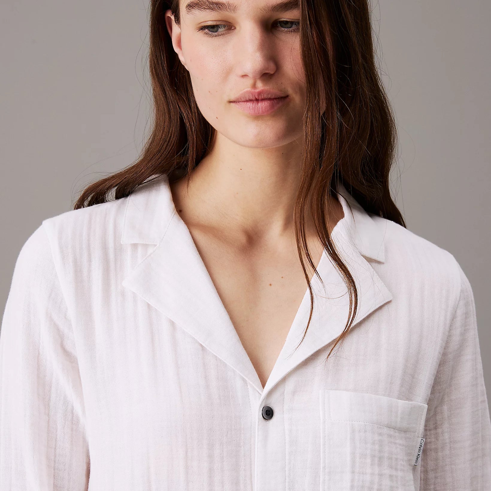 Calvin Klein PURE TEXTURED Womens Night Dress White - Front view, featuring a relaxed fit, classic collar, and long sleeves.