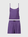 Calvin Klein PURE SHEEN Cami and Shorts Pyjama Set Womens Purple Plumeria, front view with spaghetti strap cami and shorts.