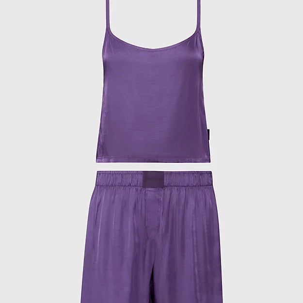 Calvin Klein PURE SHEEN Cami and Shorts Pyjama Set Womens Purple Plumeria, front view with spaghetti strap cami and shorts.