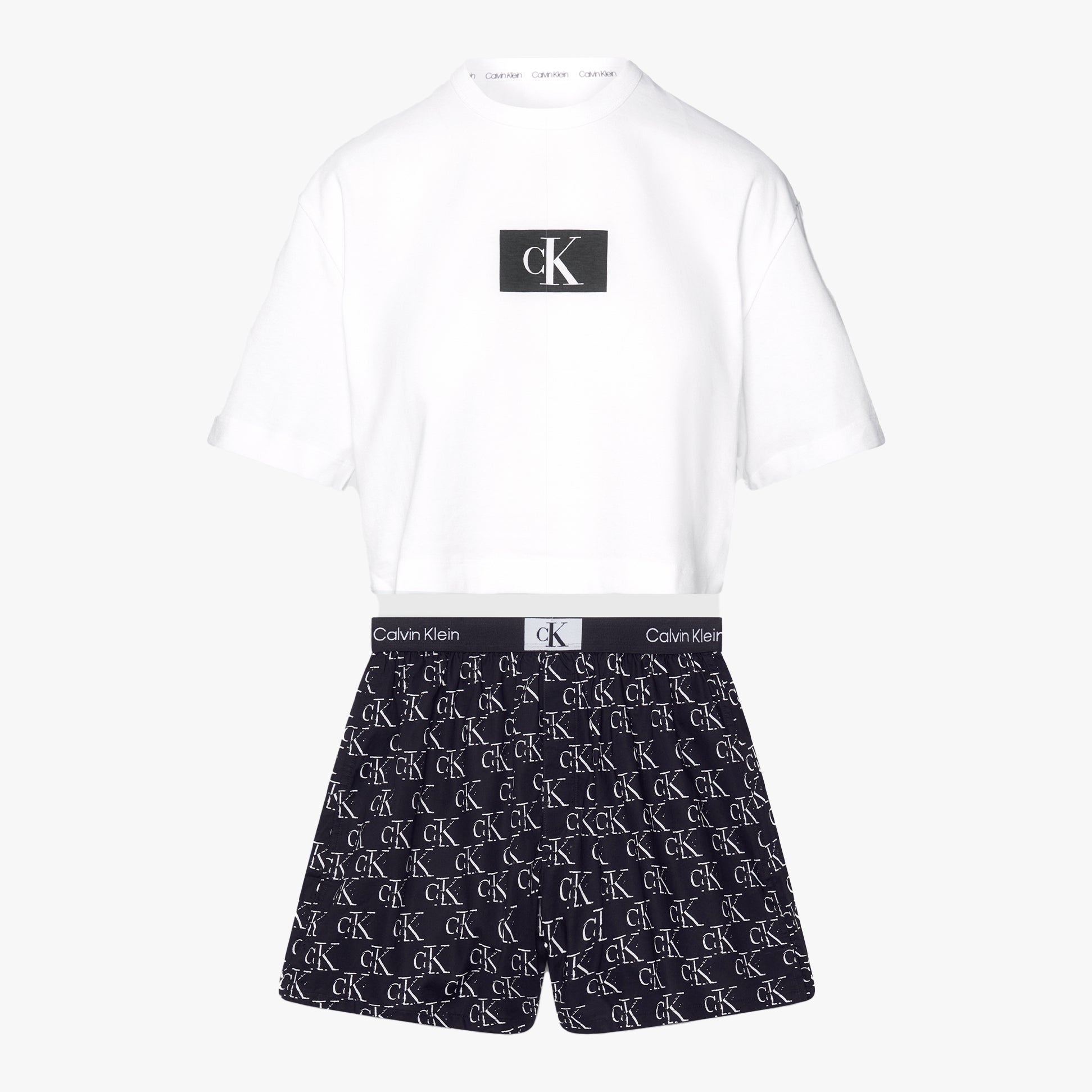 Calvin Klein CK96 Womens Shorts Pyjama Set Litho front view featuring cropped white top and all-over printed navy shorts.