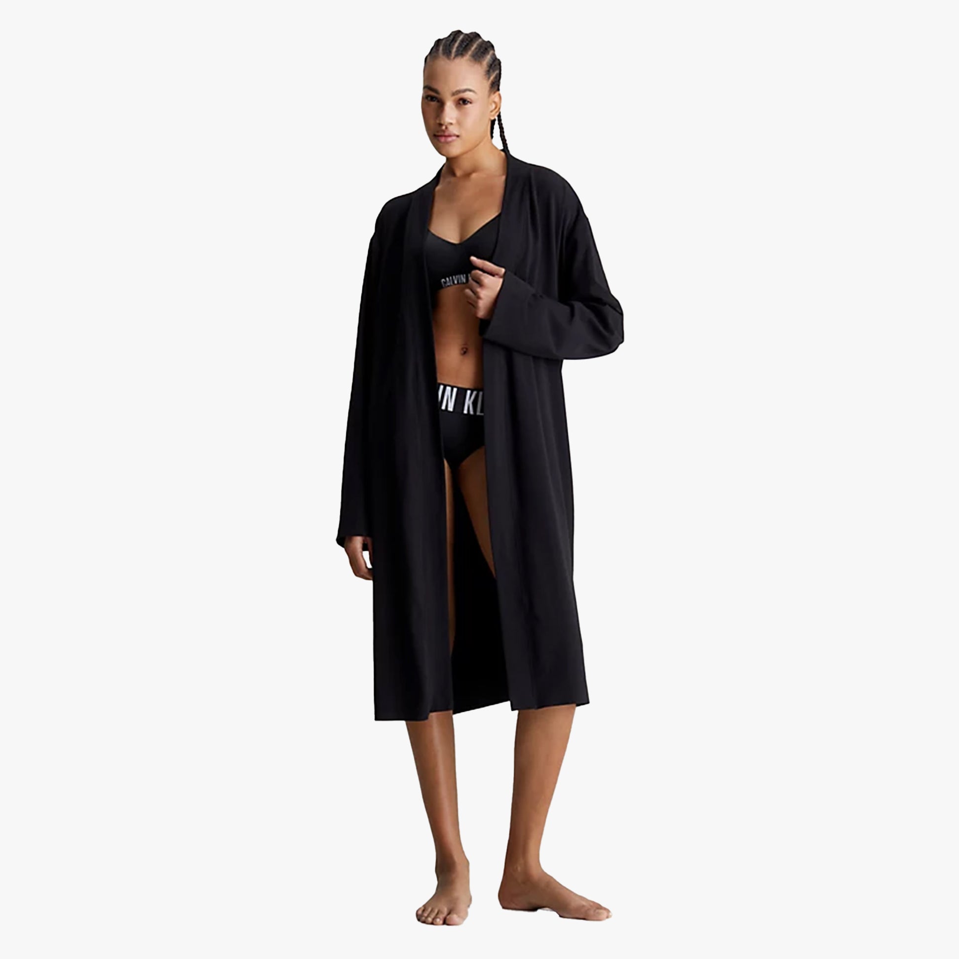 Calvin Klein INTENSE POWER Womens Bathrobe Black front view on model with relaxed fit and shawl collar.