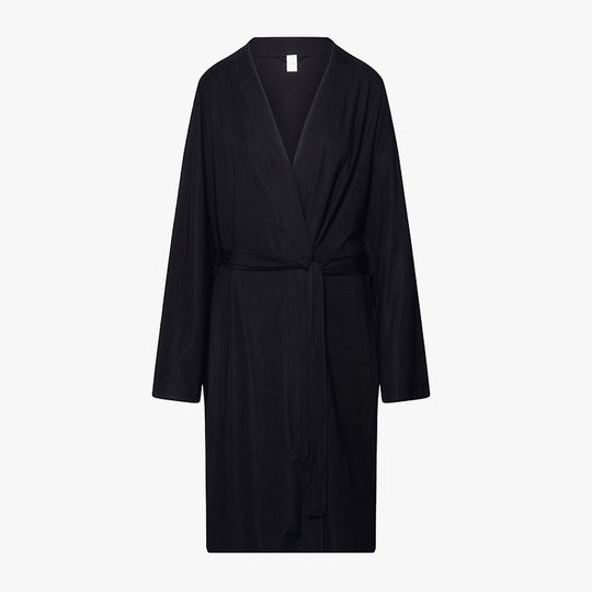 Calvin Klein INTENSE POWER Womens Bathrobe Black front view with shawl collar and belted waist