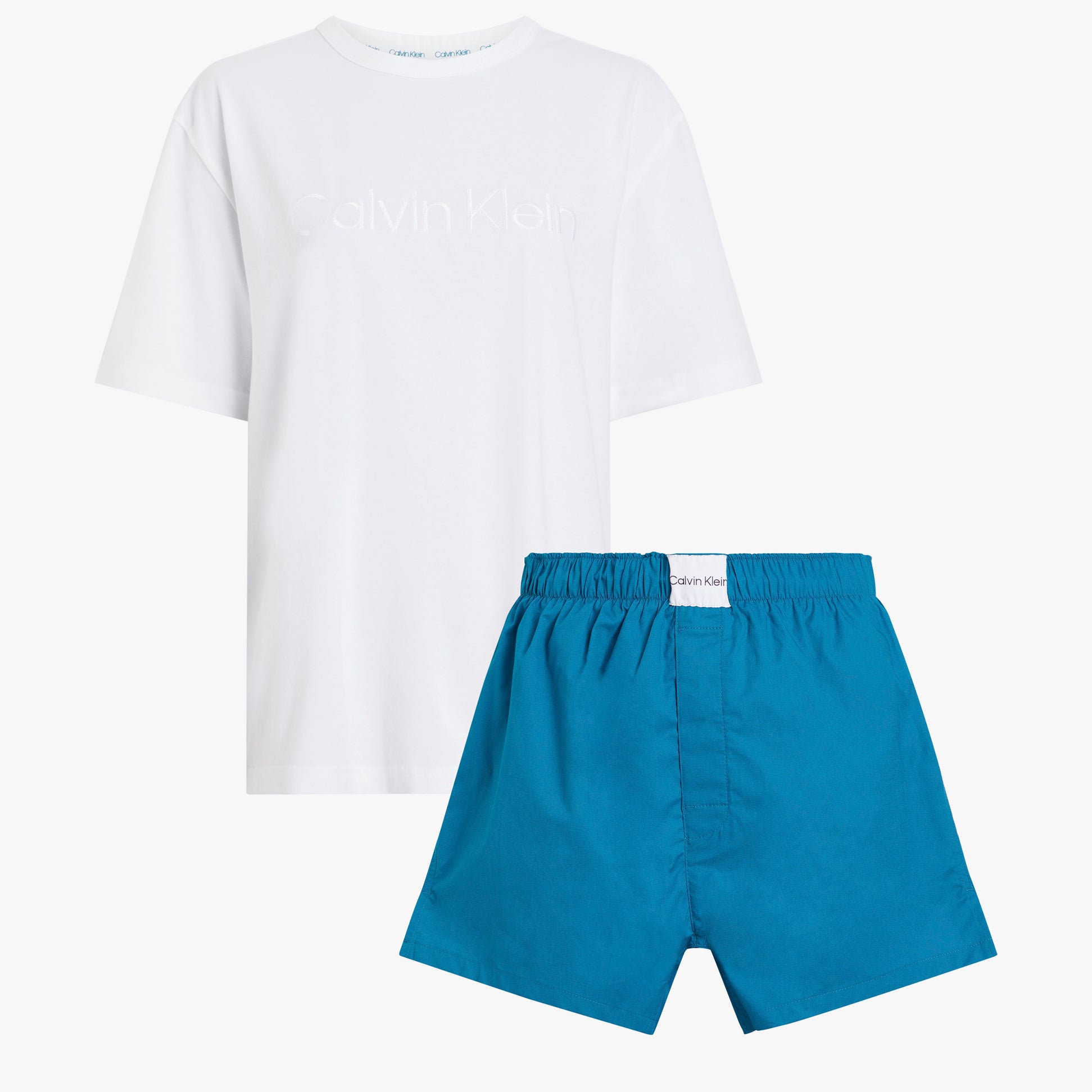 Calvin Klein MODERN COTTON Womens Short Pyjama Set Multicoloured front view featuring white top and blue shorts.
