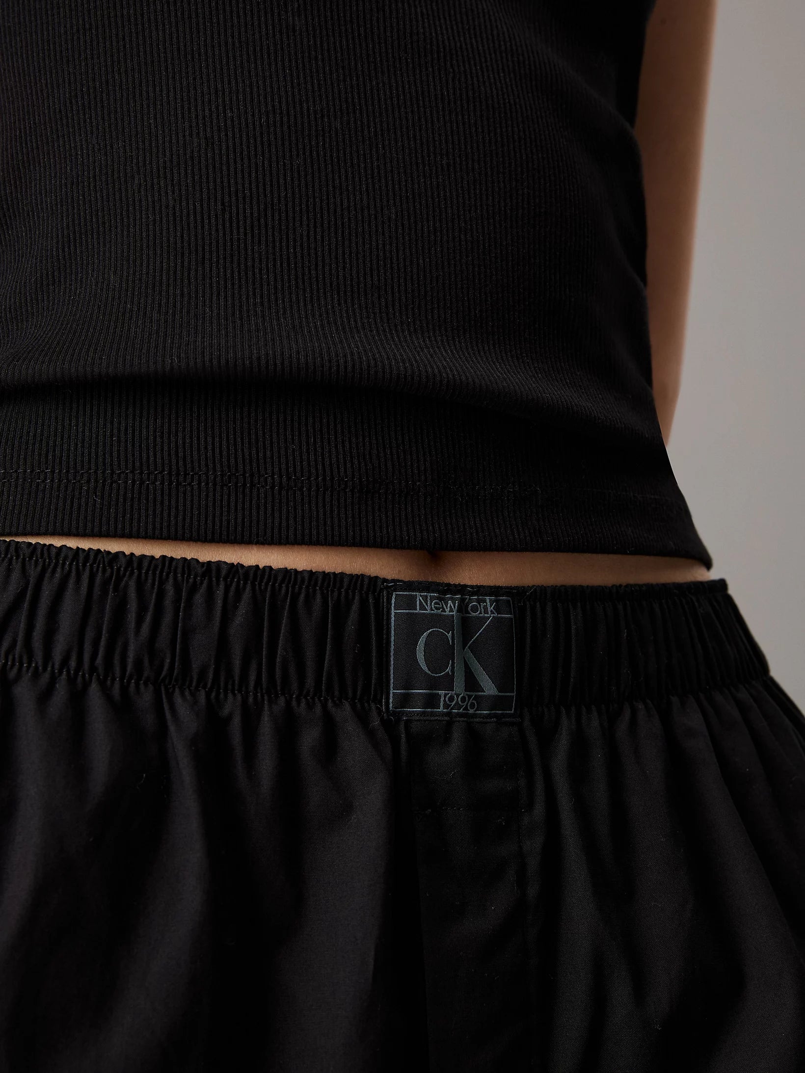 Calvin Klein CK ESTABLISHED Womens Pyjama Pants Black close-up detail view of waistband and logo tag.
