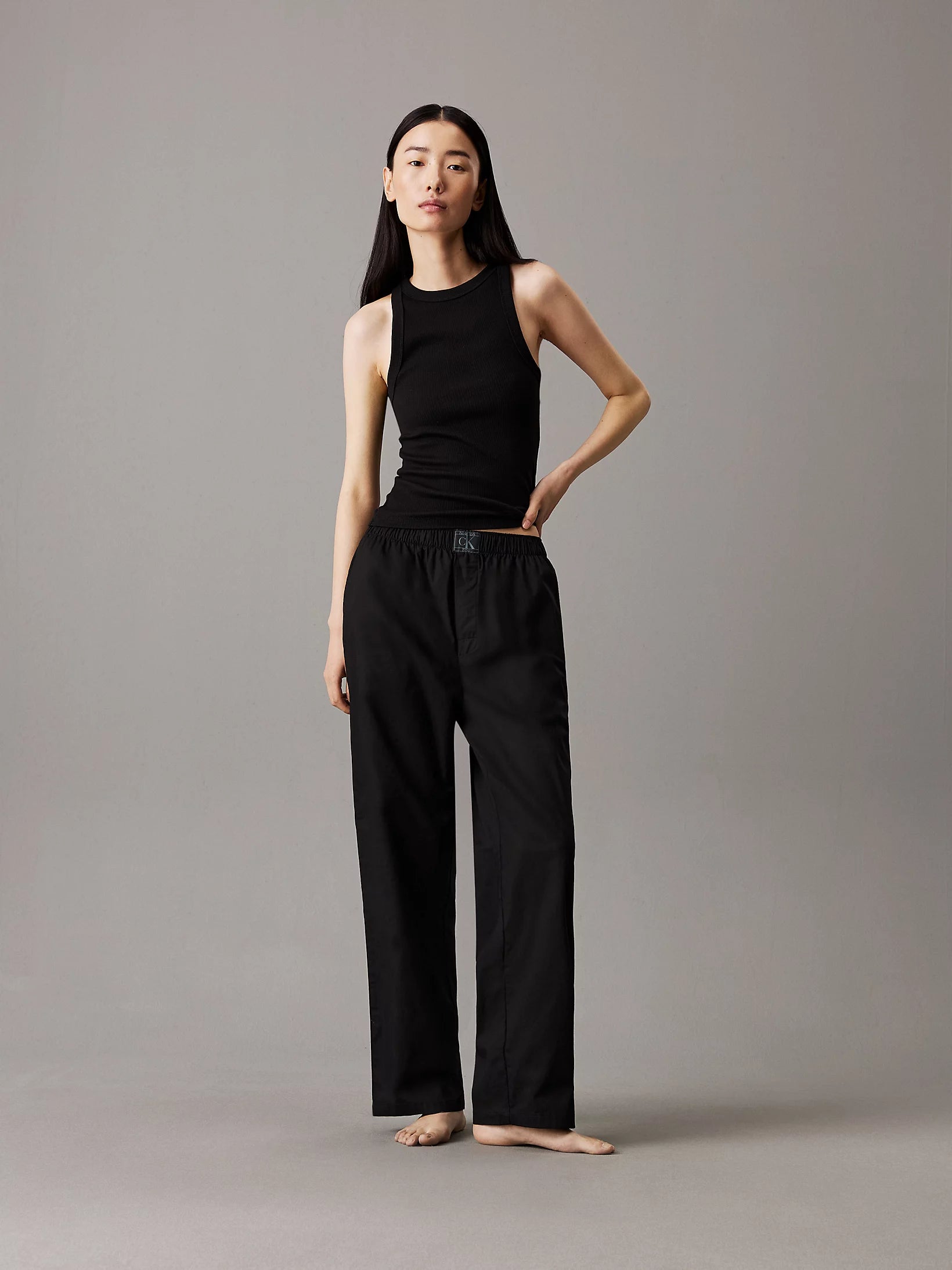 Calvin Klein CK ESTABLISHED Womens Pyjama Pants Black front view, showcasing comfort and style in 100% cotton.