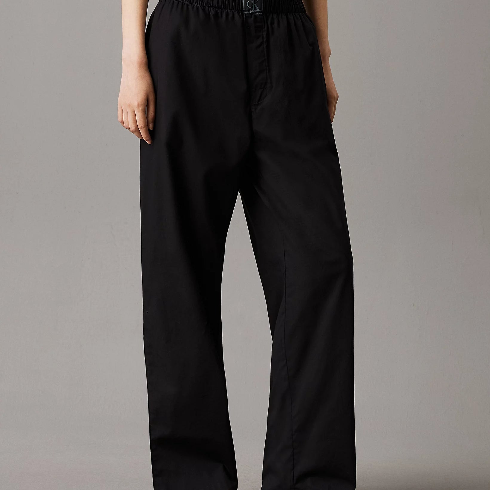 Calvin Klein CK ESTABLISHED Womens Pyjama Pants Black front view with relaxed fit in 100% cotton.