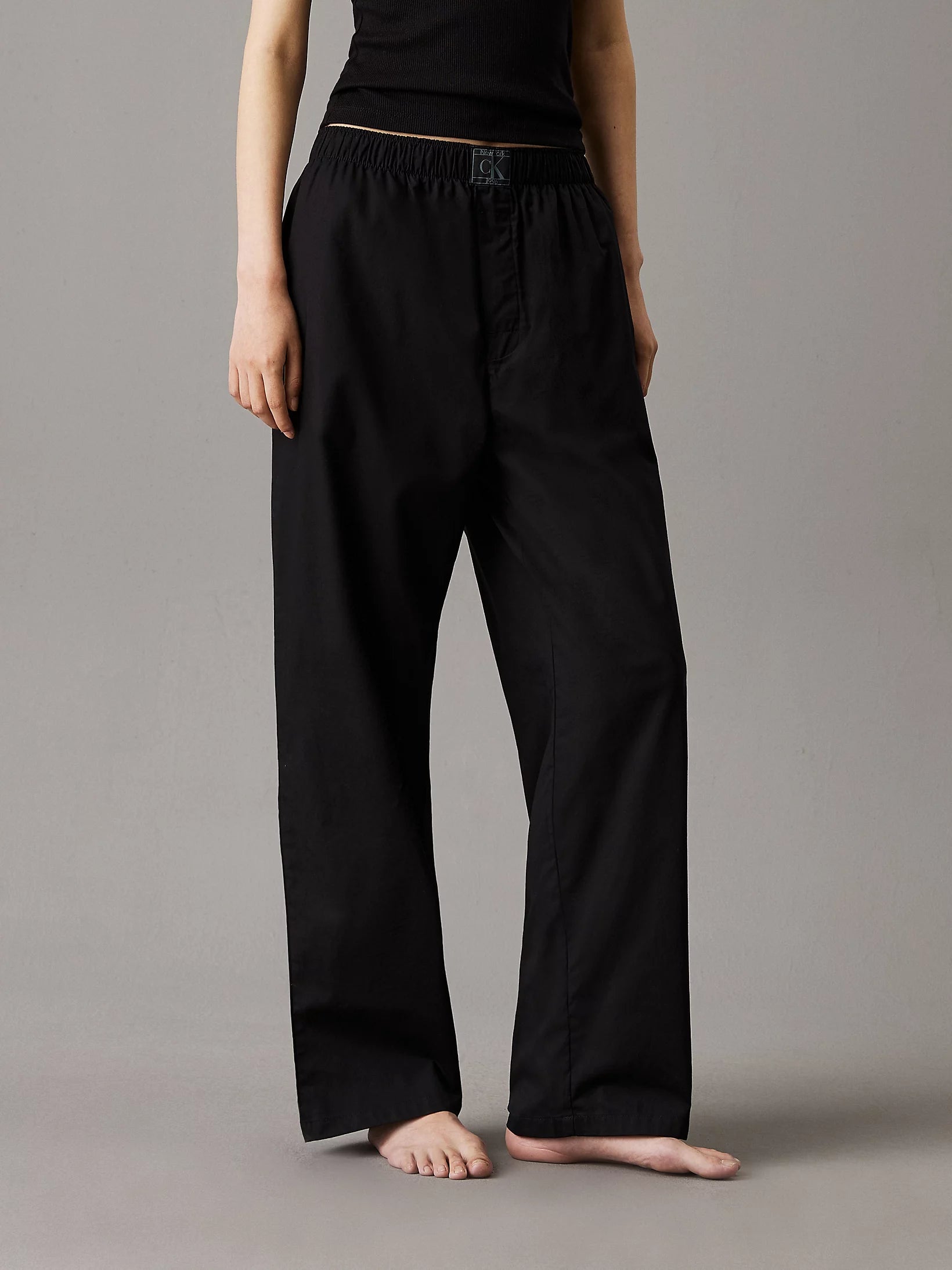 Calvin Klein CK ESTABLISHED Womens Pyjama Pants Black front view with relaxed fit in 100% cotton.