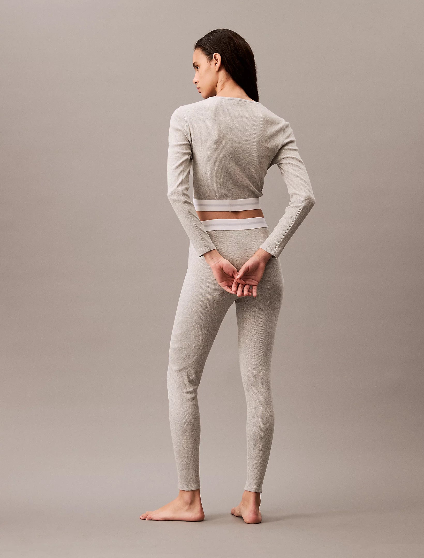Calvin Klein MODERN RIB Womens Long-Sleeve Crop Top Crew Grey Heather back view, showcasing soft fit and stylish design.