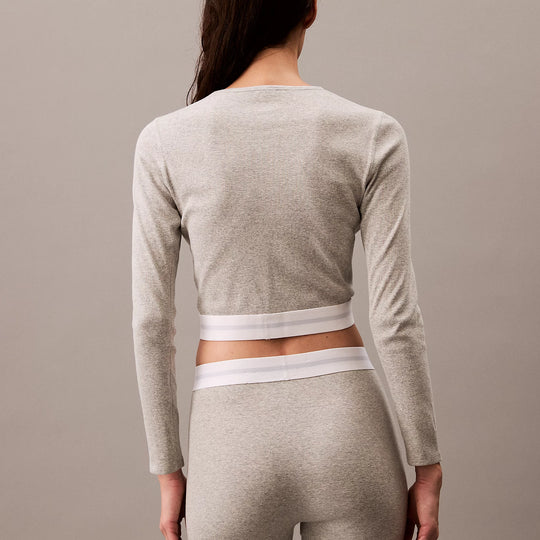 Calvin Klein MODERN RIB Womens Long-Sleeve Crop Top Crew Grey Heather back view showcasing soft fabric and cropped design.