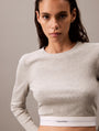 Calvin Klein MODERN RIB Womens Long-Sleeve Crop Top Crew Grey Heather front view showcasing soft fabric and logo detail.