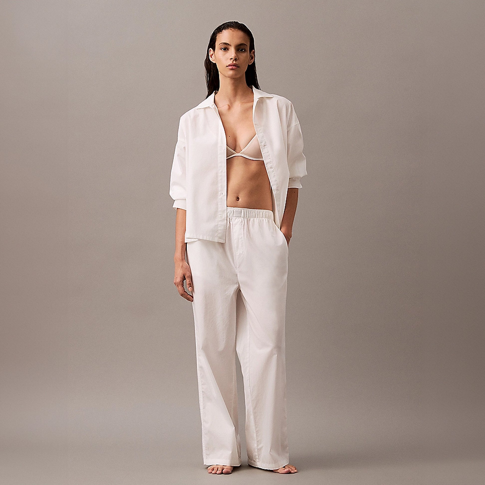 Calvin Klein COTTON POPLIN Womens Pyjama Pants White front view, showcasing relaxed fit and soft cotton material.