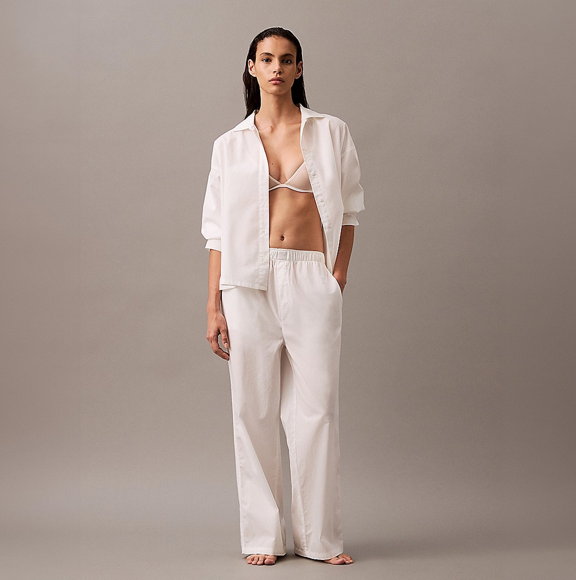 Calvin Klein COTTON POPLIN Womens Pyjama Pants White front view, showcasing relaxed fit and soft cotton material.