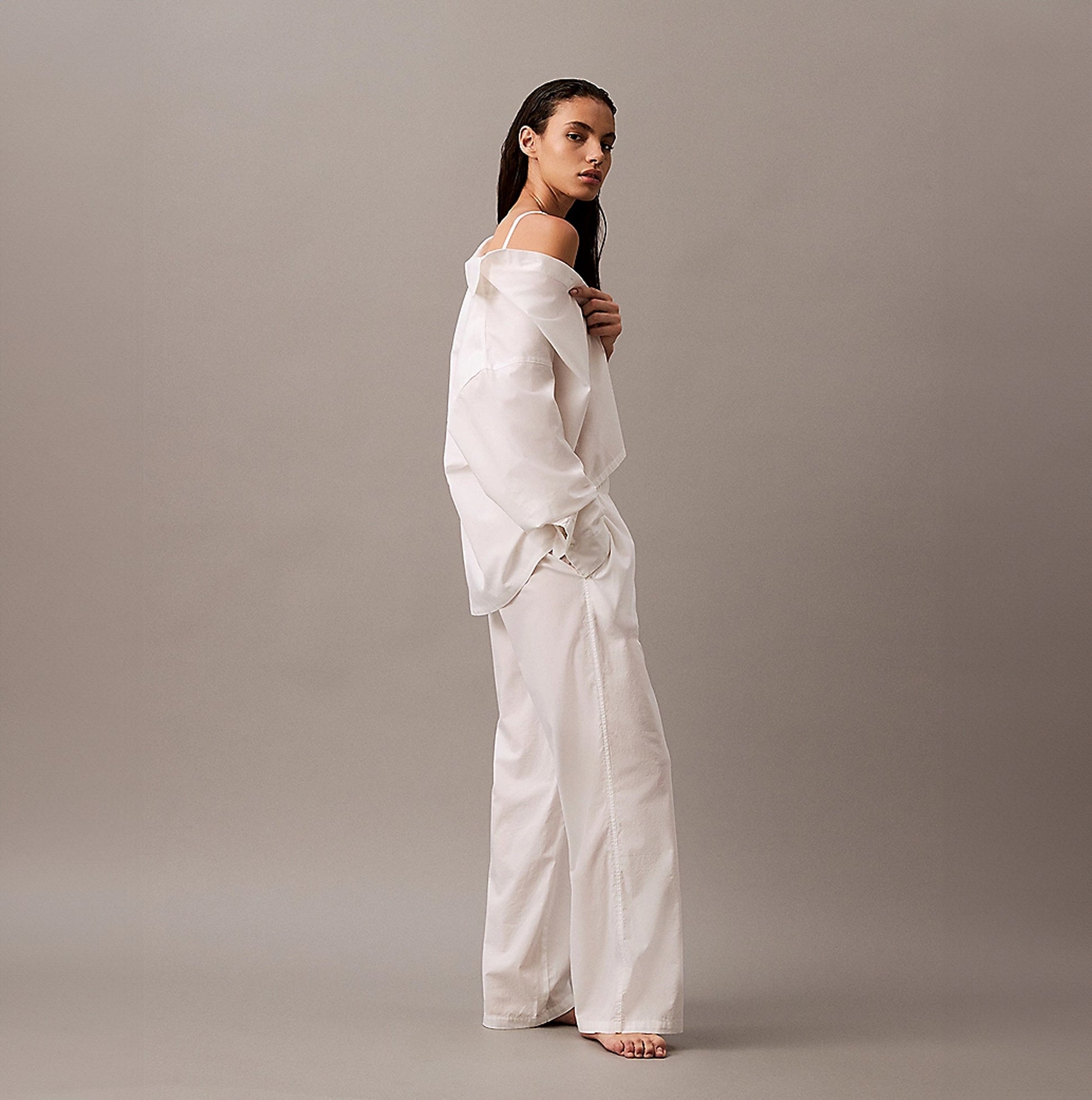 Calvin Klein COTTON POPLIN Womens Pyjama Pants White side view model wearing stylish comfortable nightwear.
