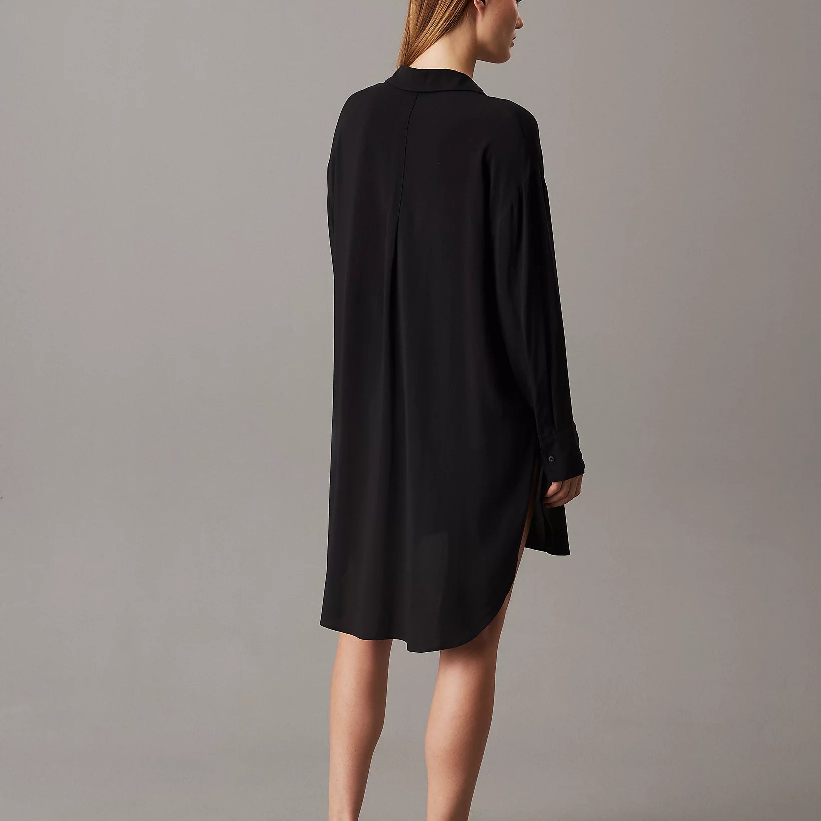 Calvin Klein WOVEN VISCOSE Womens Nightshirt Black rear view showcasing long sleeves and relaxed fit.