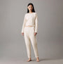 Calvin Klein TONAL LOGO LOUNGE Womens Joggers Sandshell front view with model wearing comfortable cotton joggers.