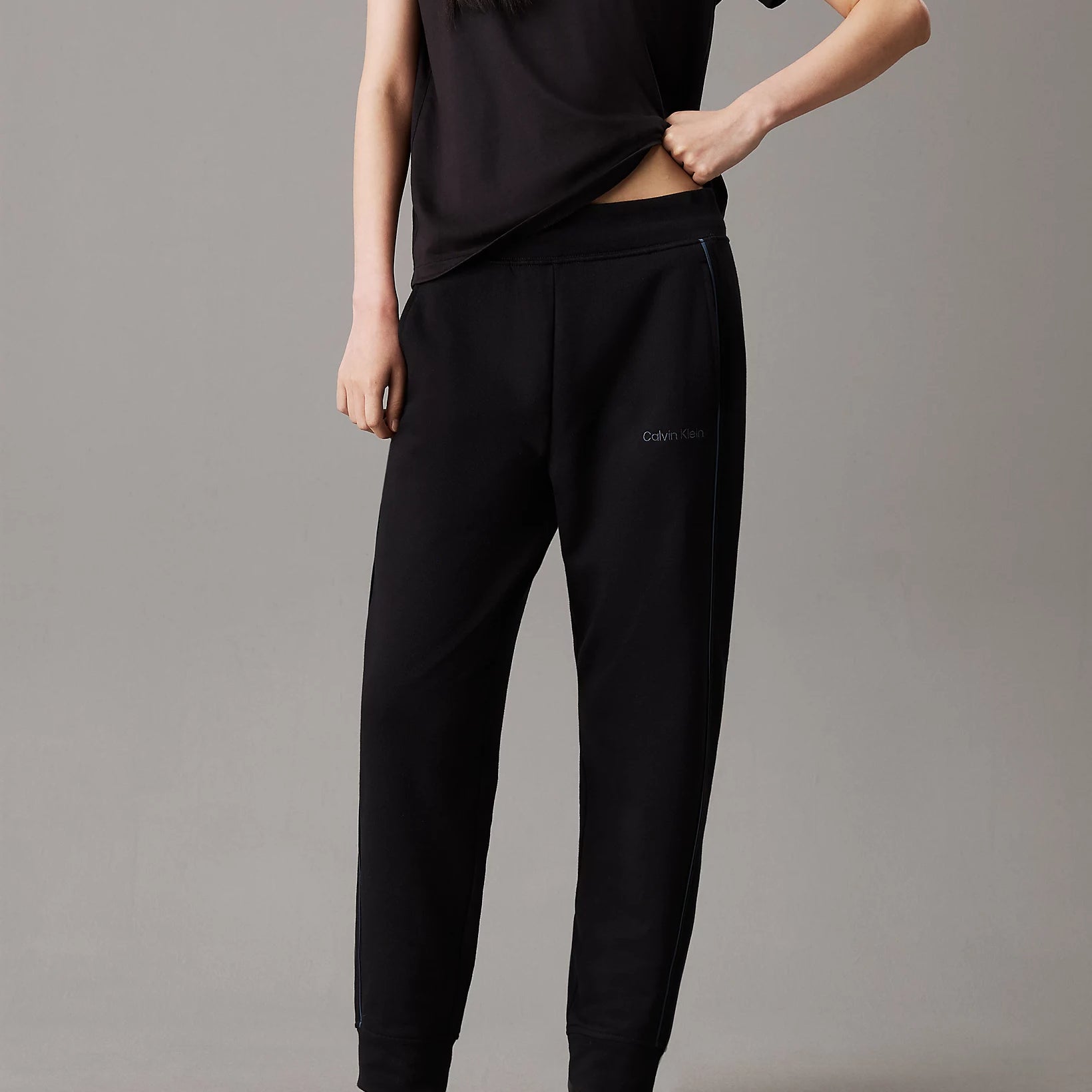 Calvin Klein TONAL LOGO LOUNGE Womens Joggers Black front view showcasing comfortable fit and cotton material.