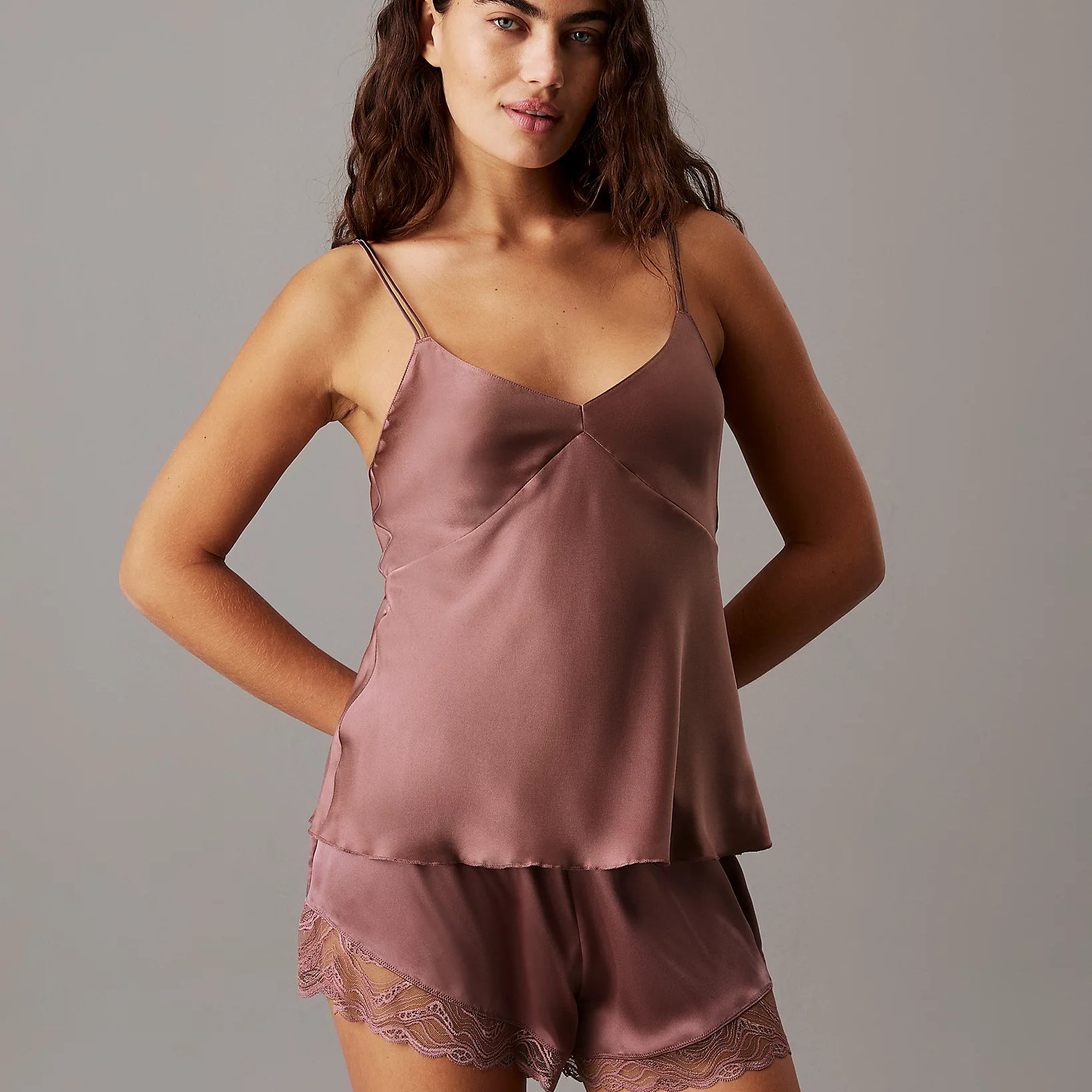 Calvin Klein CK INSTINCT SLEEP Womens Cami Vintage Pink front view, showcasing spaghetti straps and soft silk material.