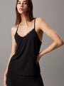 Calvin Klein CK ATTRACTION Womens Camisole Top Black front view featuring a scoop neckline and scalloped lace trims.