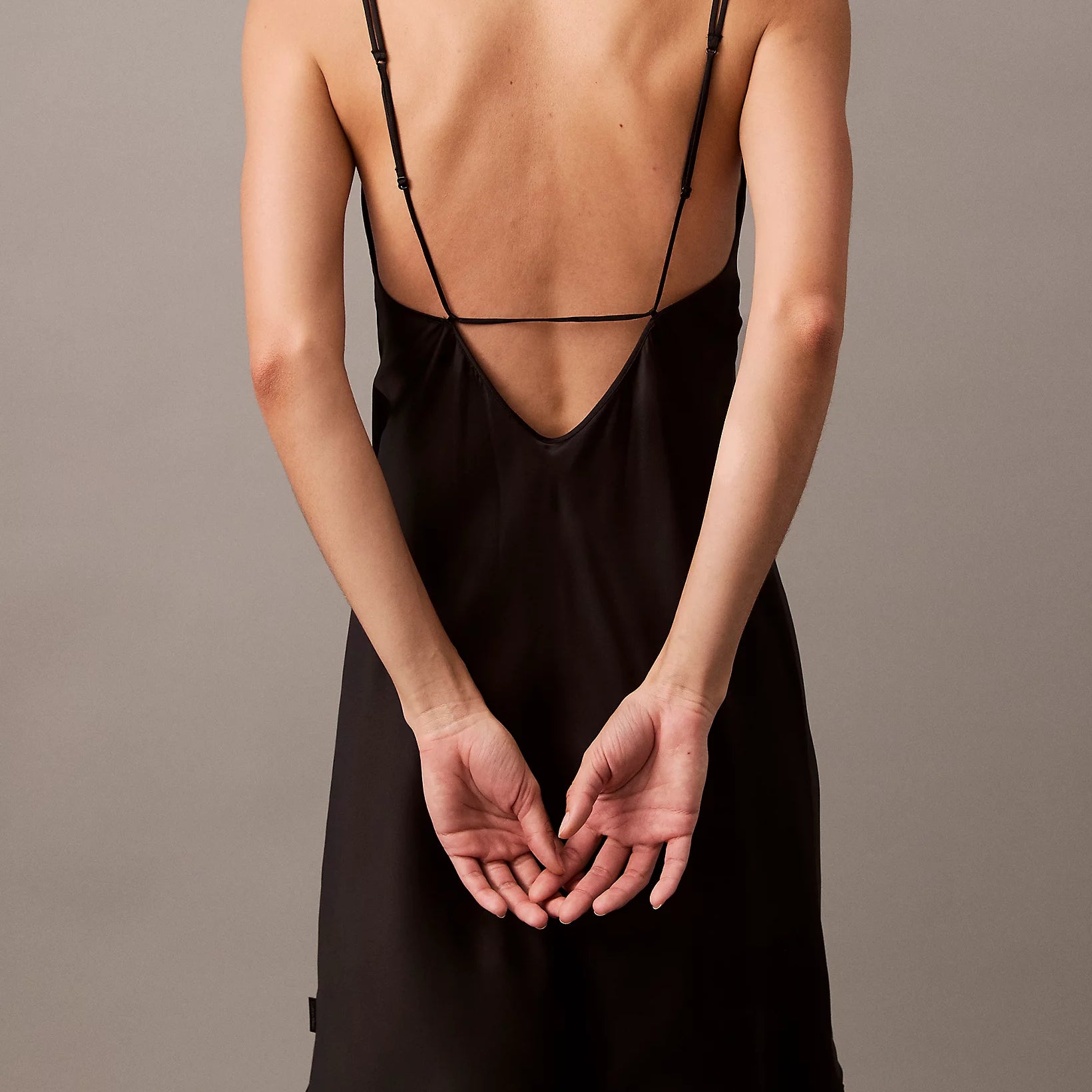 Calvin Klein CK INSTINCT Satin Night Dress Chemise Black back view showcasing low-cut back and thin straps.