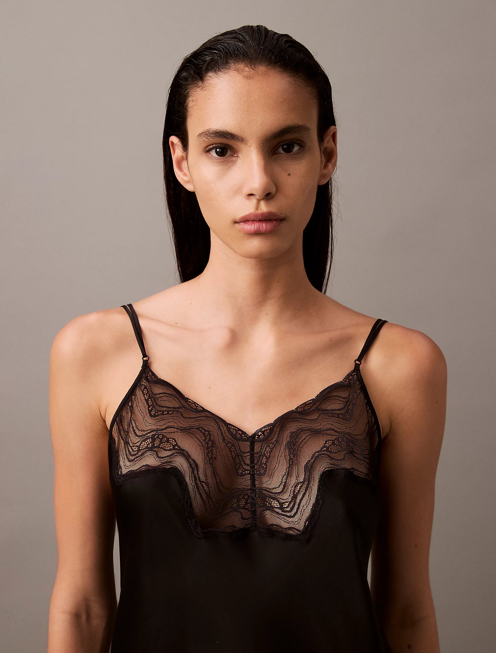 Calvin Klein CK INSTINCT Satin Night Dress Chemise Black front view, showing the scalloped lace neckline and satin fabric.