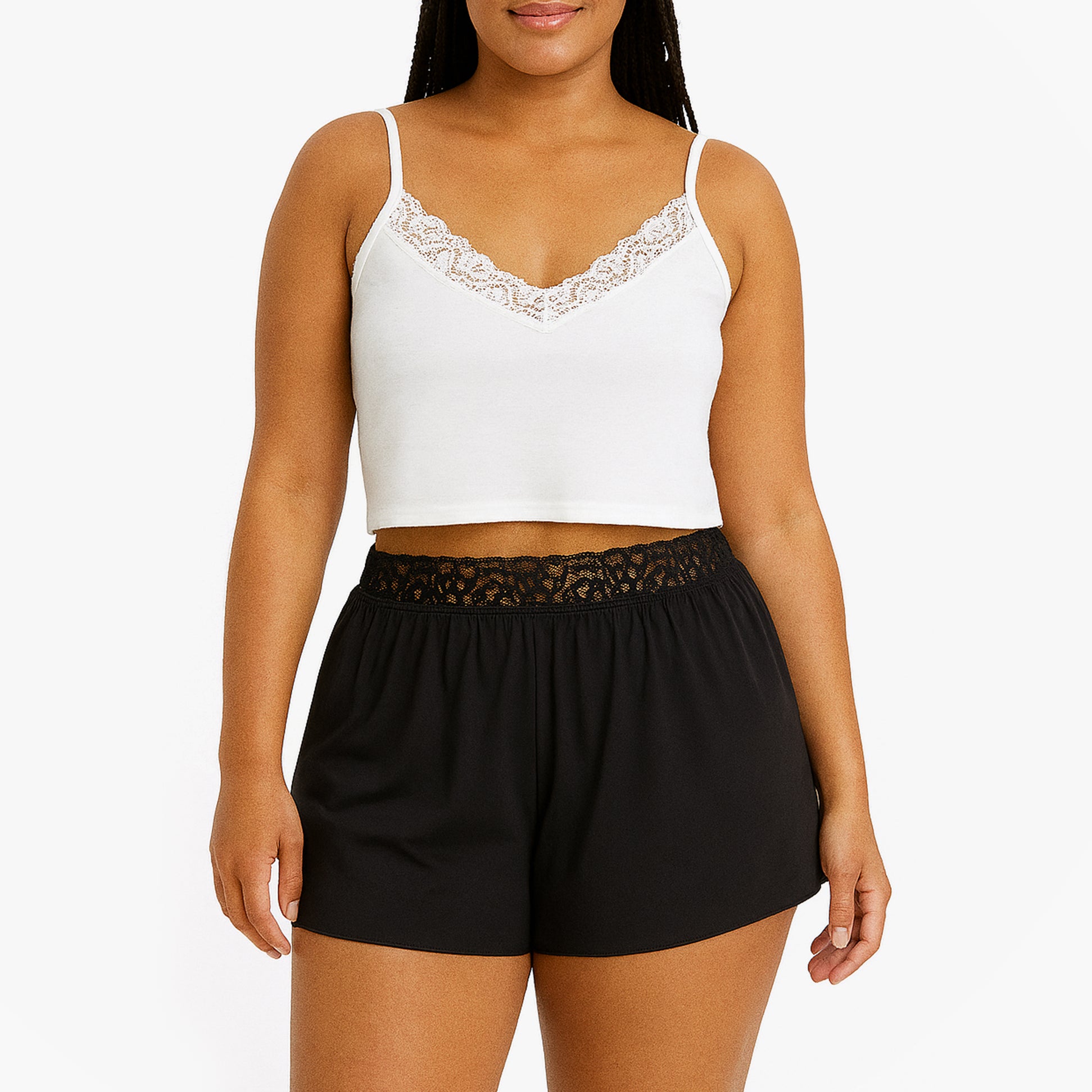 Calvin Klein CK ATTRACTION SLEEP Womens Shorts Black front view with matching top showcasing lace details and relaxed fit.