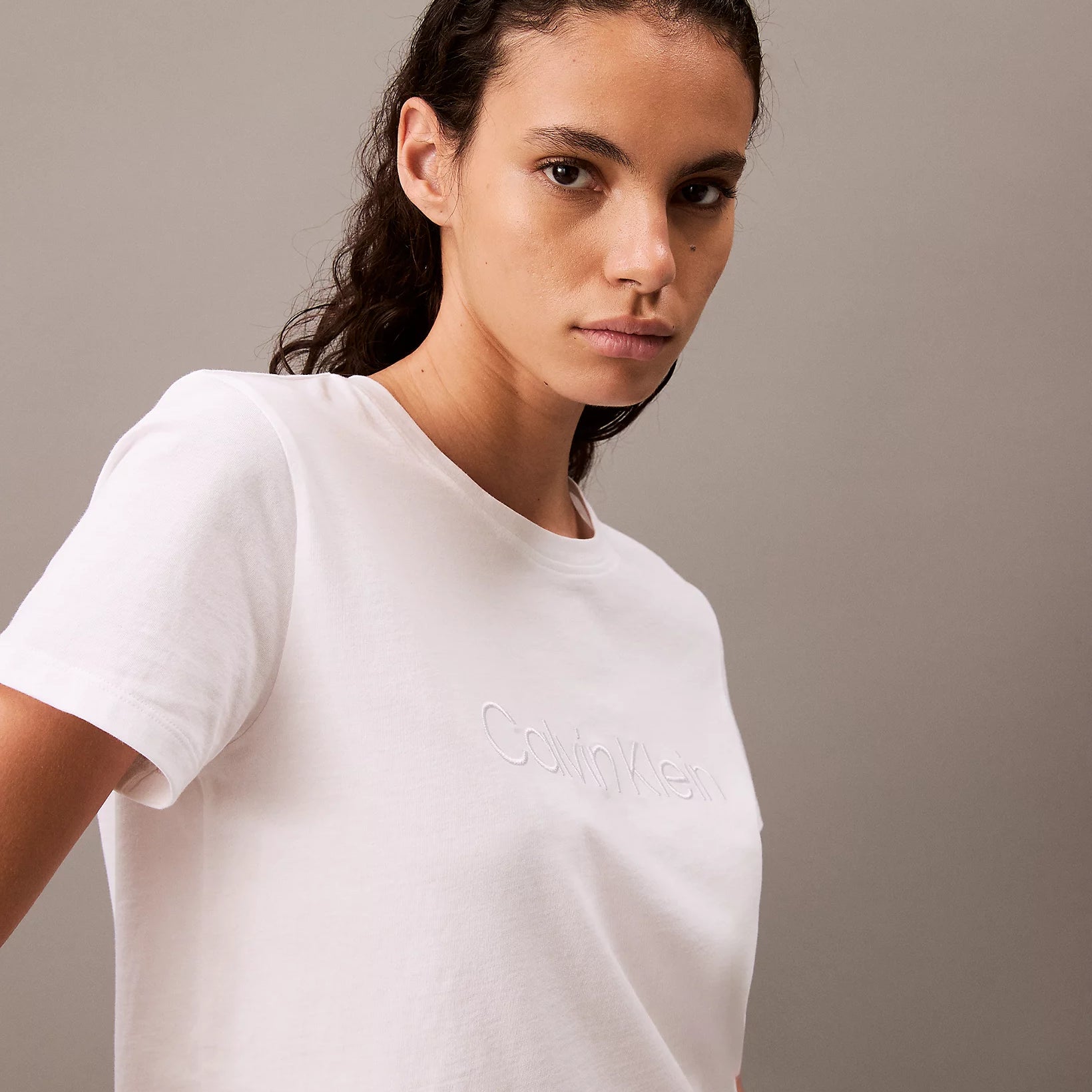 Calvin Klein COTTON TEES Womens T Shirt White front view showcasing soft cotton fabric and a casual fit.