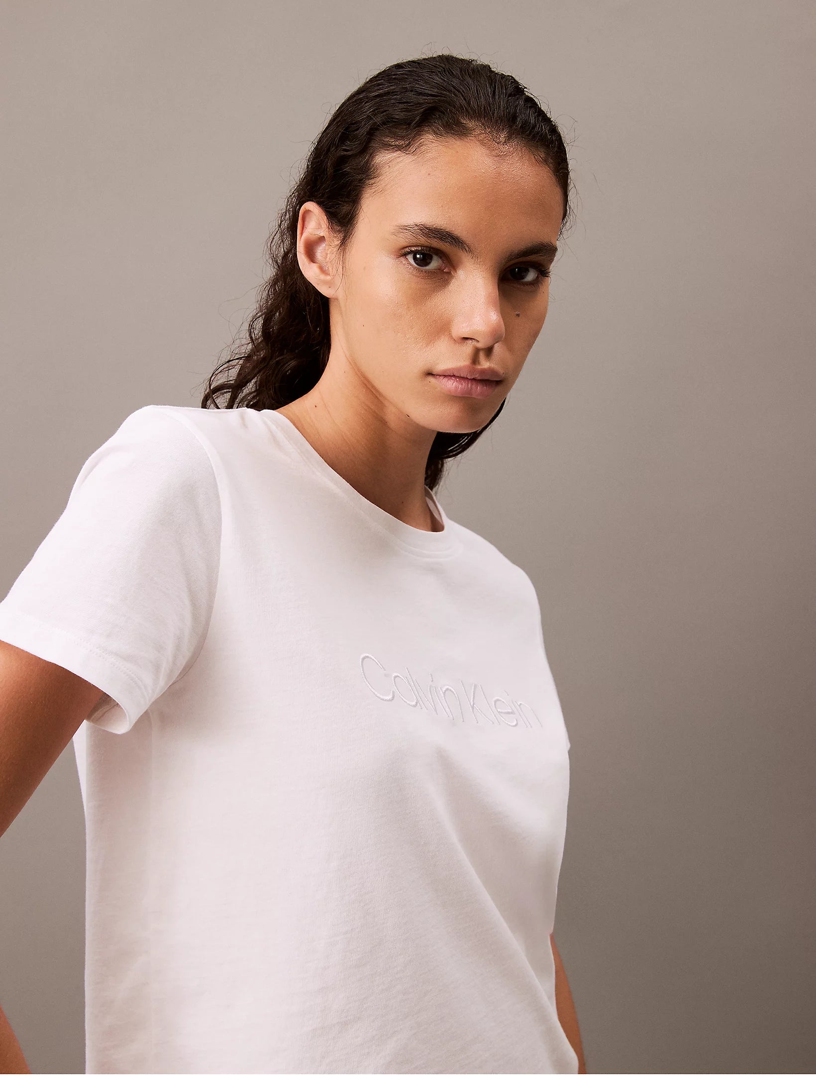 Calvin Klein COTTON TEES Womens T Shirt White front view showcasing soft cotton fabric and a casual fit.