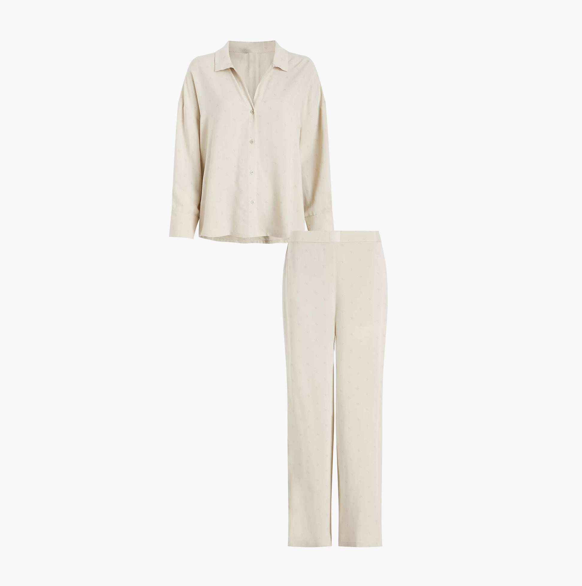 Calvin Klein WOVEN VISCOSE Womens Button Down Pants Set Diamond Logo/Cocoon front view in light beige color.