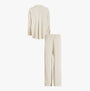Calvin Klein WOVEN VISCOSE Womens Button Down Pants Set Diamond Logo/Cocoon front view of beige pyjama set with long sleeves and relaxed fit.