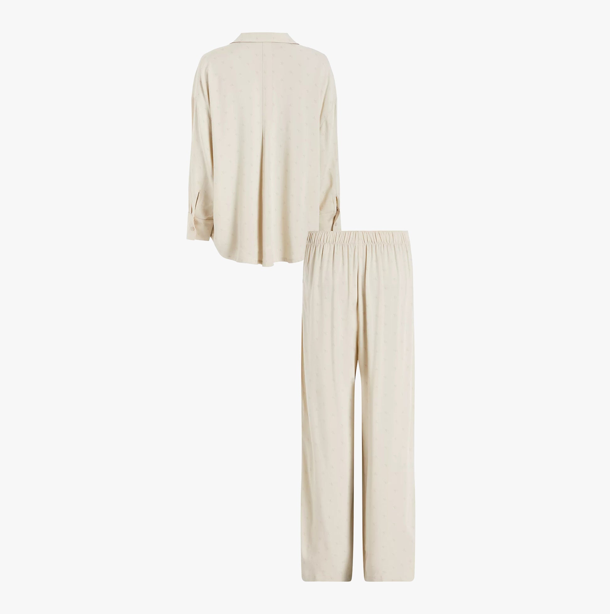 Calvin Klein WOVEN VISCOSE Womens Button Down Pants Set Diamond Logo/Cocoon front view of beige pyjama set with long sleeves and relaxed fit.