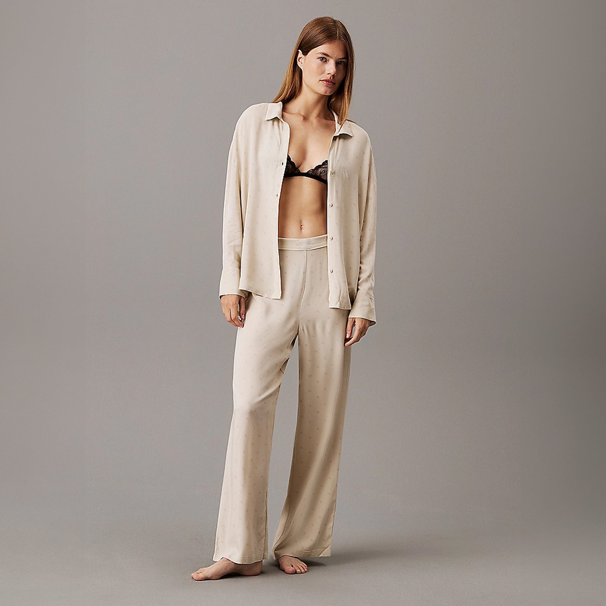 Calvin Klein WOVEN VISCOSE Womens Button Down Pants Set Diamond Logo/Cocoon, front view featuring a relaxed fit in beige.